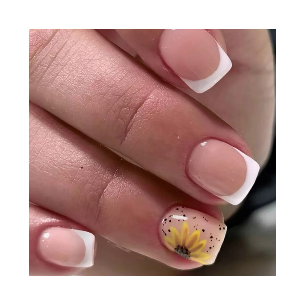 Pink,Cream Short Square Press On Nails Nude Pink Glossy Fake Nails With Sunflower French Tips 24Pcs