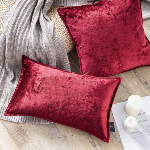 Phantoscope Patterned Velvet Tailored Edge Decorative Throw Pillow, 20" x 20", Red, 2 Pack 2