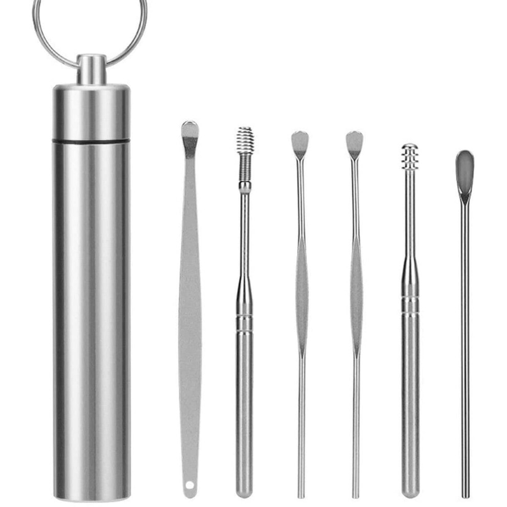 Ear Cleaning Tool Set Stainless Steel 6Piece with Spring Head 360 Rotation for Precise Wax Removal