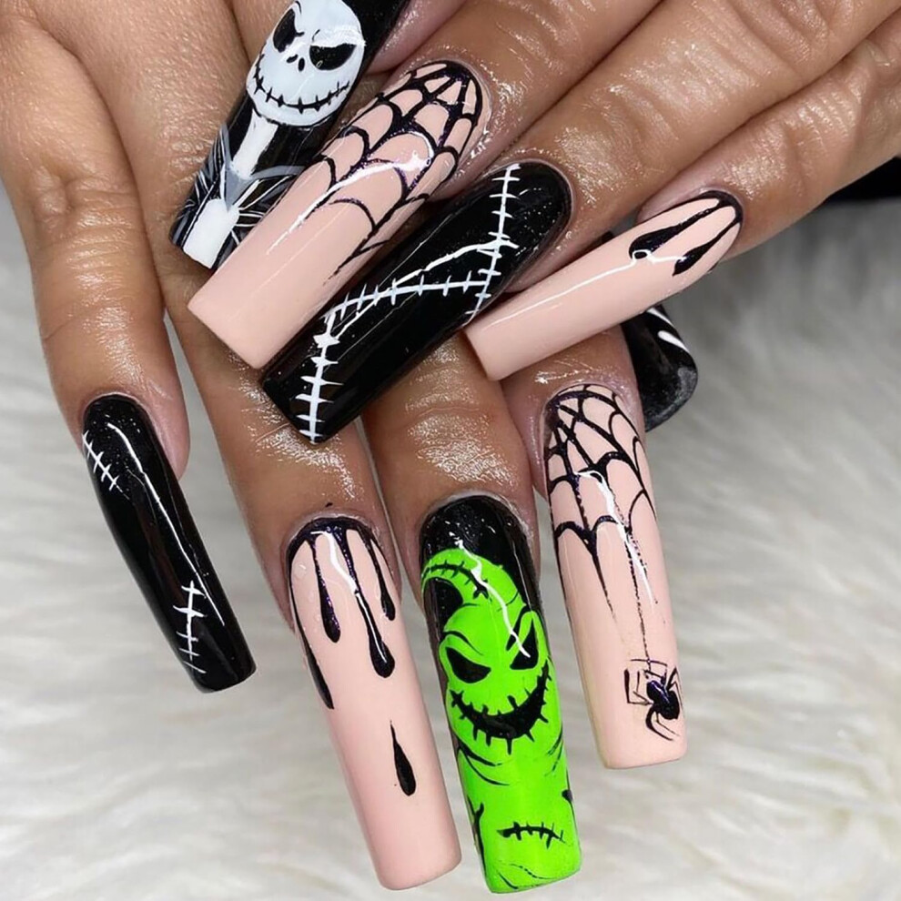 Halloween Coffin Press On Nails Set, 24pcs Full Cover Acrylic with Skeleton Rhinestone Design