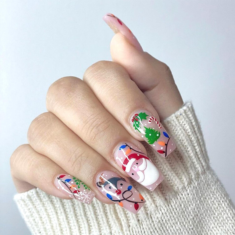 Christmas Coffin Press On Nails Medium Length 24pcs Santa Snowflake Tree Festive Fake Nails