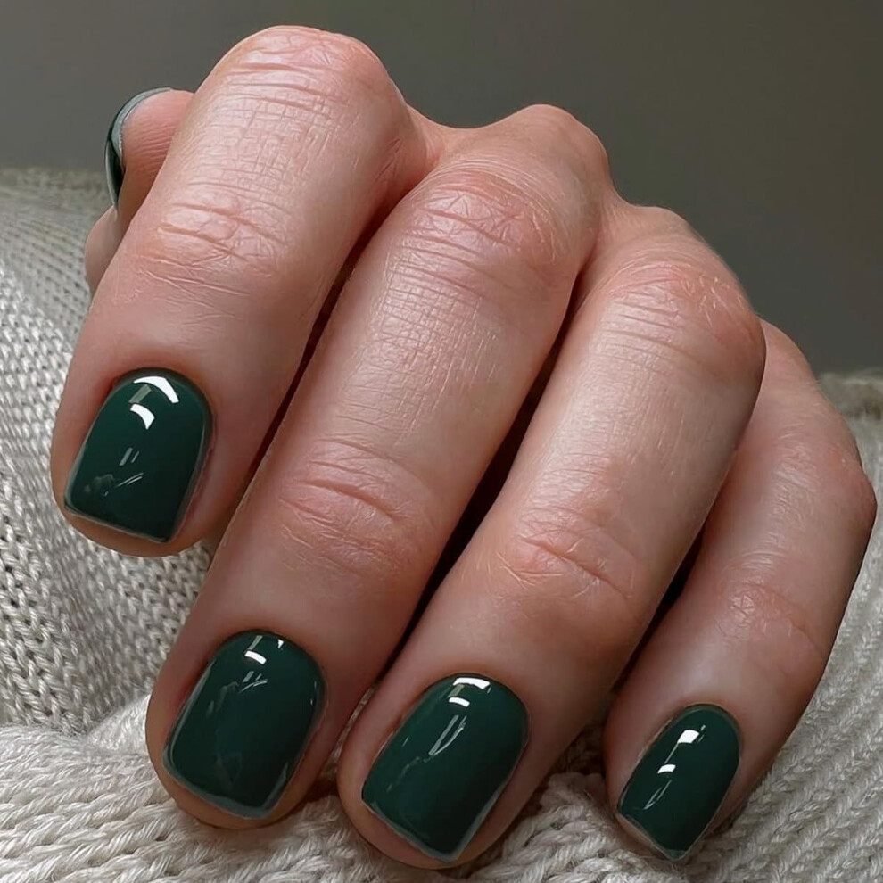 Green Short Square Press On Nails Glossy Dark Fake Nails Acrylic Tips Kit For Women Fast Application