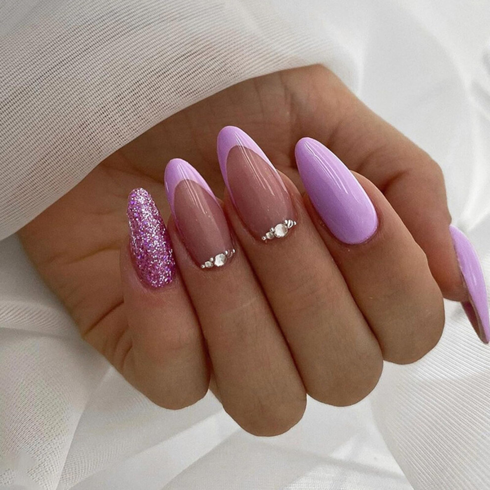 French Tip Press on Nails Purple Almond Shape Fake Nails with Rhinestones 24pcs Long Lasting