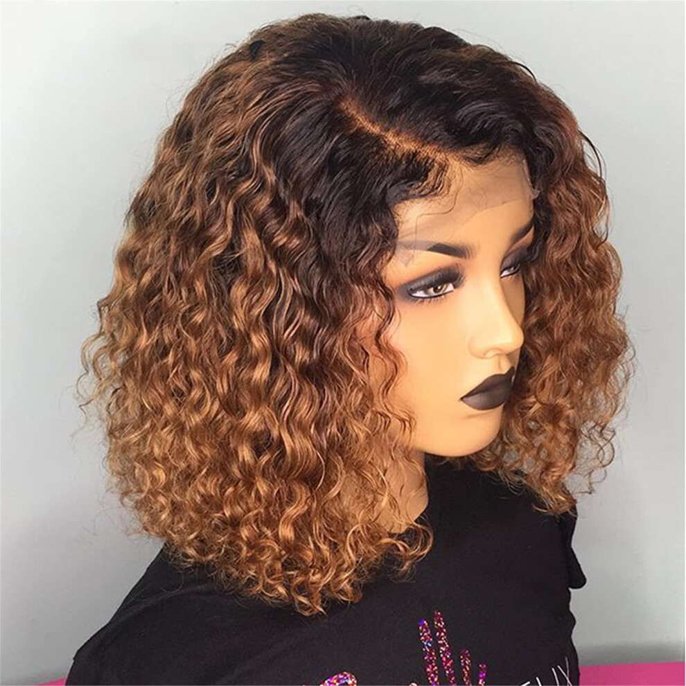 Unisex Red Human Hair Lace Front Wig Curly Bob Brazilian Remy Short 13X4 Honey Blonde And Burgundy For Women