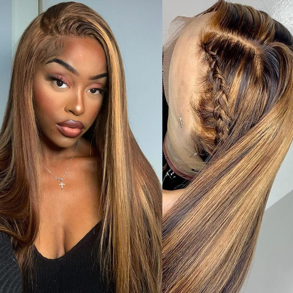 Unisex Brown 13X4 Highlight Lace Front Human Hair Wig 18 Inch Brazilian Virgin Straight Honey Blonde 150 Density Natural Hairline