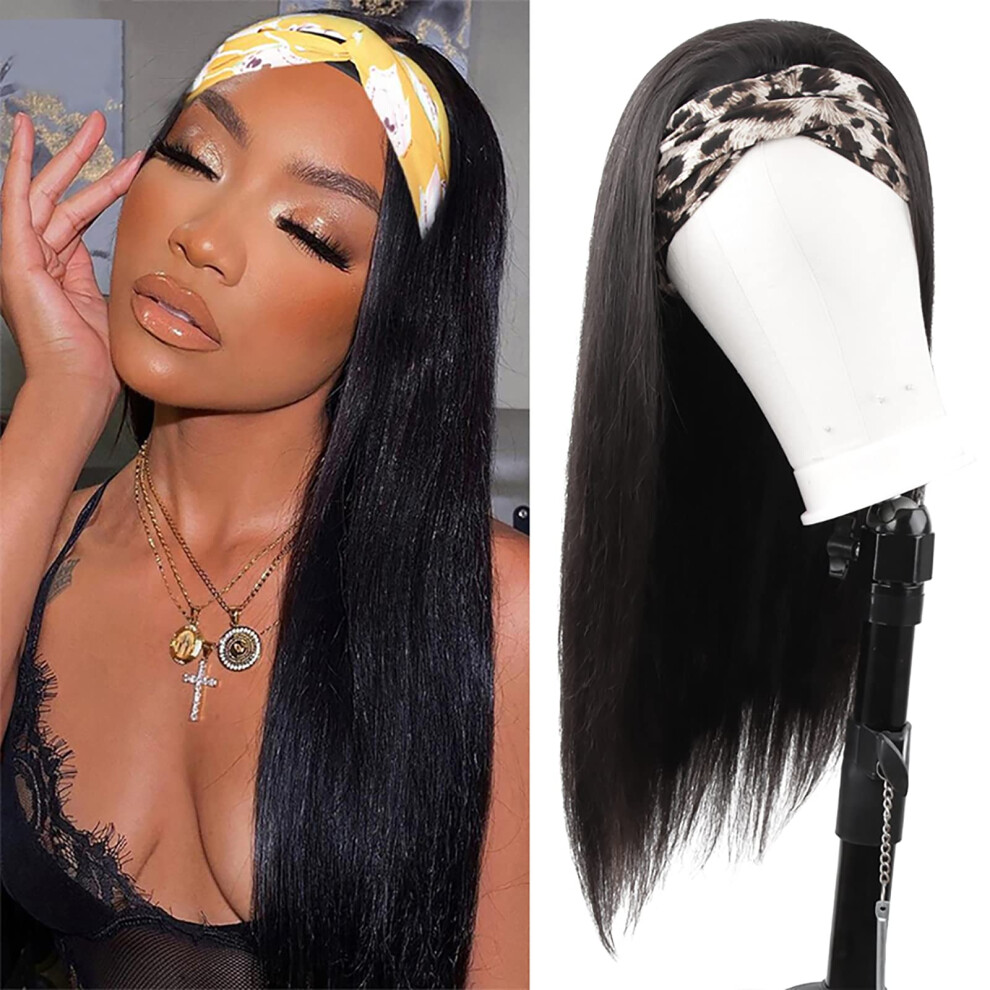 Headband Wig Straight Human Hair Glueless Brazilian Virgin None Lace Front Natural Black 150% Density 22