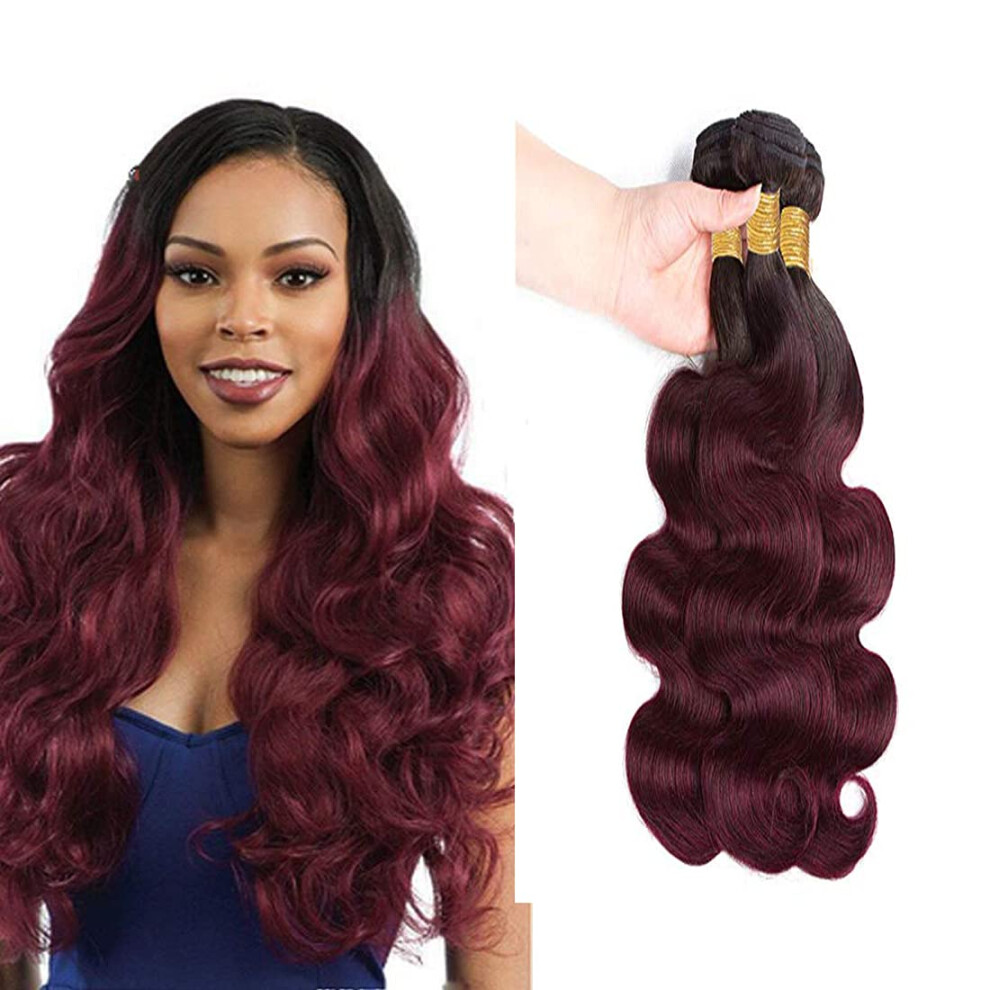 Unisex Black,Red Brazilian Ombre Human Hair Bundles 1B/99J Body Wave Remy Extensions Black To Red Weave 1014'