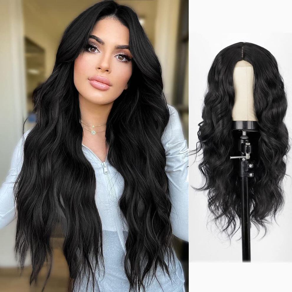 Unisex Dark 26 Inch Lace Front Long Wavy Wig With Ombre Blonde Roots, Glueless Heat Resistant Fiber