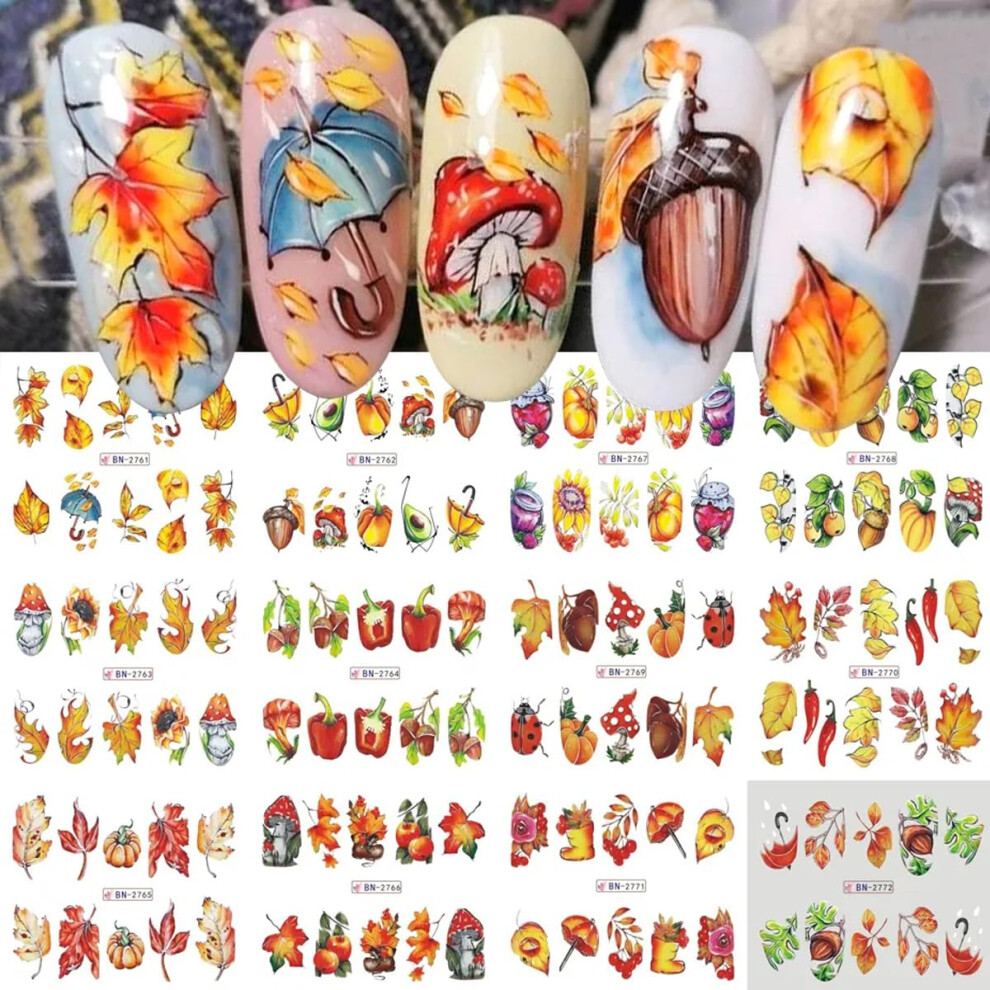 Gold 12Pcs Fall Nail Art Stickers Maple Leaf Pumpkin Autumn Decals Thanksgiving Water Transfer