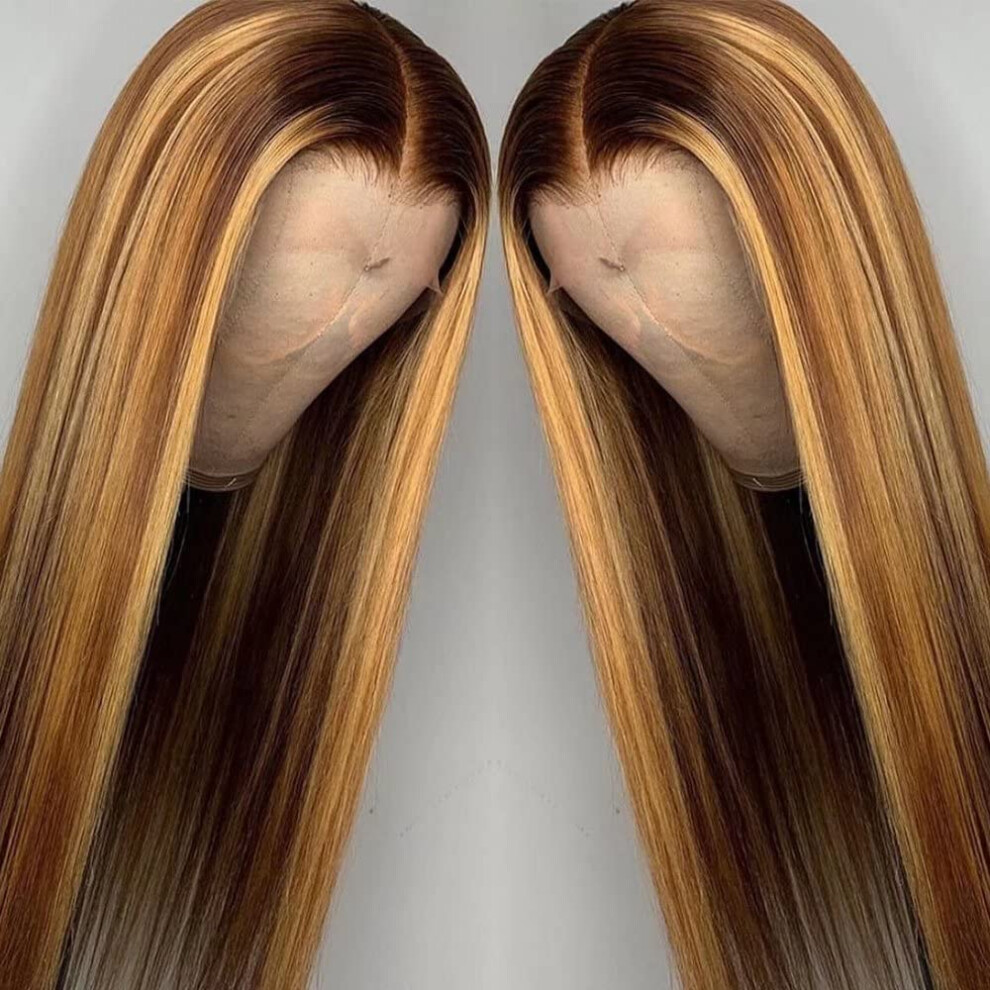 Unisex Brown 26 Inch Ombre Human Hair Lace Front Wig Brazilian Straight 13X6x1 T Part Pre Plucked 150% Density
