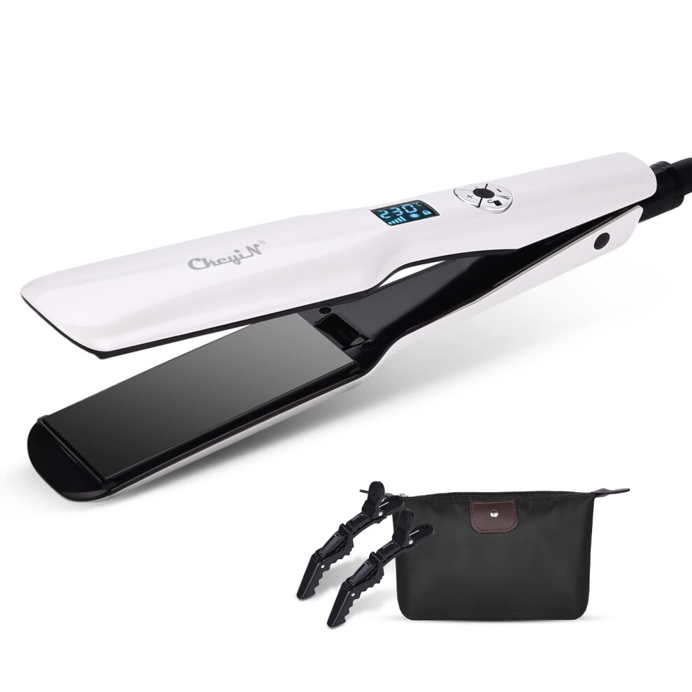 Hair Straightener 1.75 Inch Wide Plate Tourmaline Ceramic Flat Iron with Adjustable Heat Control White