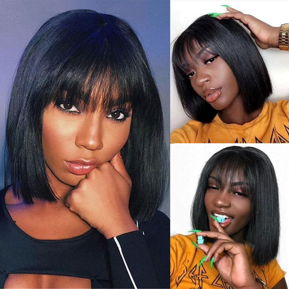 12 Inch Straight Bob Human Hair Wig with Bangs 150% Density Brazilian Hair Wig for Women