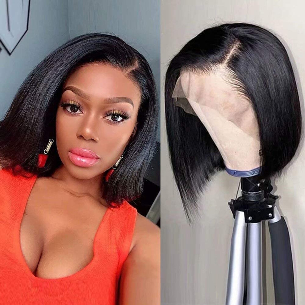 Unisex Brazilian Human Hair Lace Front Wig 13X6 Side Part Straight Bob Pre Plucked 150% Density 8Inch