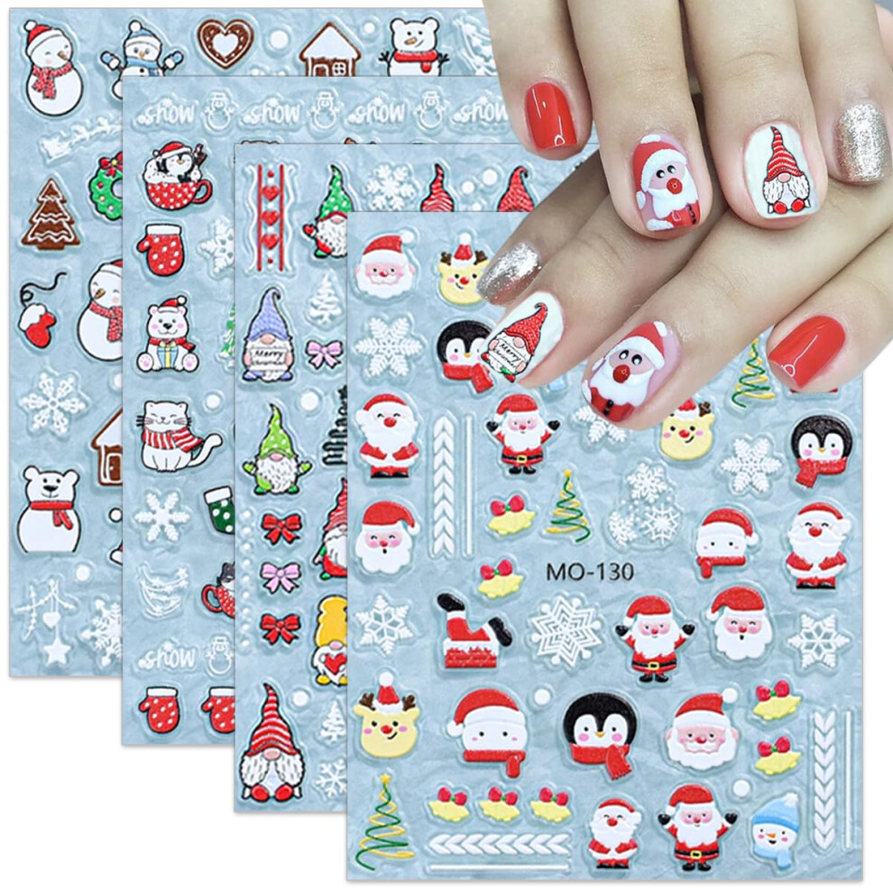 Christmas Nail Art Stickers 3D Santa Claus and Snowflake Decals, SelfAdhesive Winter Designs, 4 Sheets