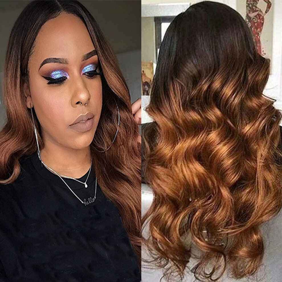 Unisex Brown Ombre Body Wave Human Hair Wig 18 Inch 4X4 Lace Closure Glueless Preplucked Hairline 150% Density For Women