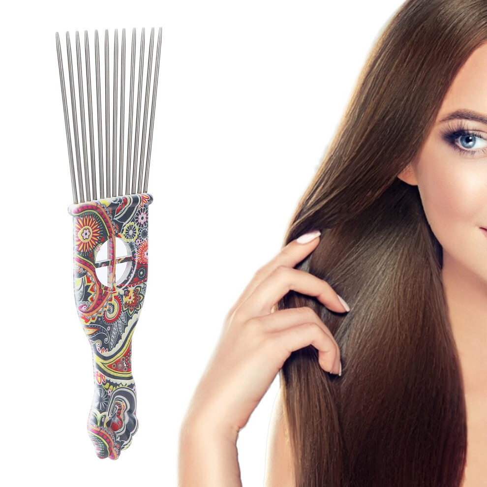 Unisex Afro Hair Pick Comb Stainless Steel Wide Tooth For Curl Detangling And Root Lifting Waist Flower K2