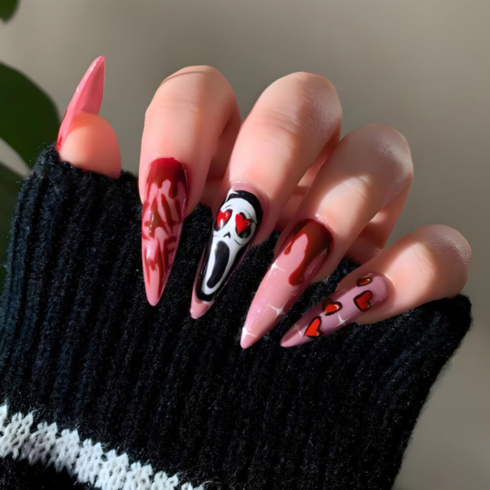 Halloween Almond Shape Press On Nails â 24PCS Medium Ghost Blood Design Fake Nails for Women