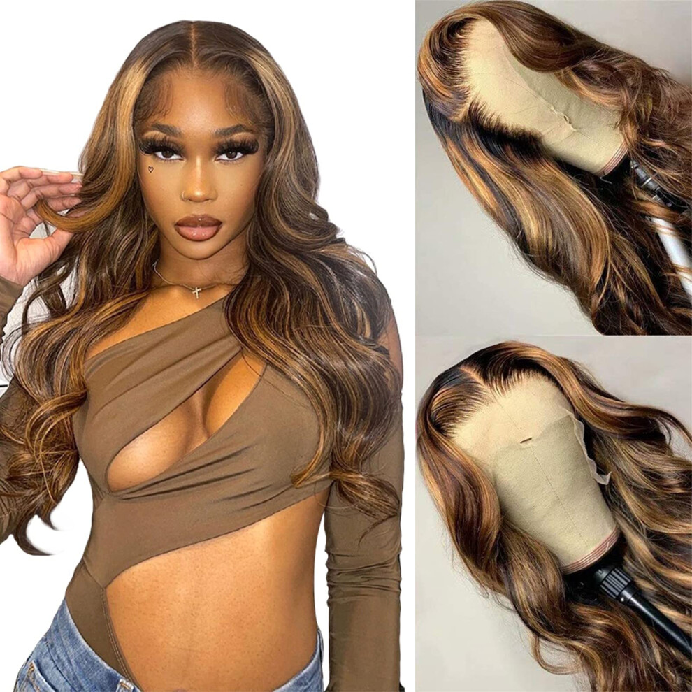 Unisex Black 200 Density Honey Blonde Brazilian Body Wave Human Hair Lace Front Wig Ombre Highlight 13X6 Pre Plucked For Women