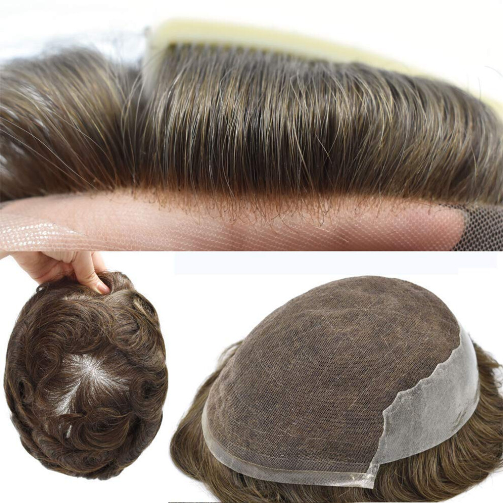 Unisex Brown Mens Toupee Lace Front Remy Human Hair Replacement System Invisible Hairline Breathable 8X10 Light Gray