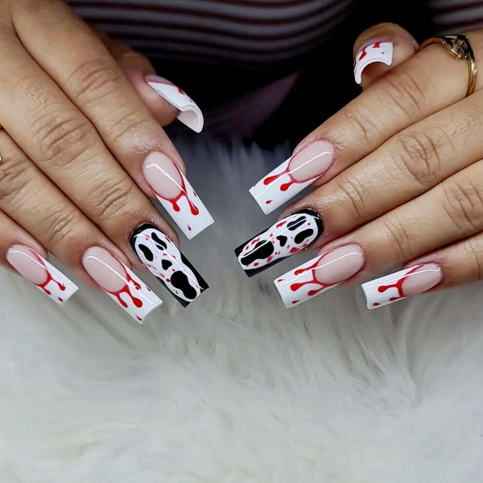 Halloween Press On Nails Long Fake Acrylic Nails with Scary Face and Blood Design 24pcs Set for Women