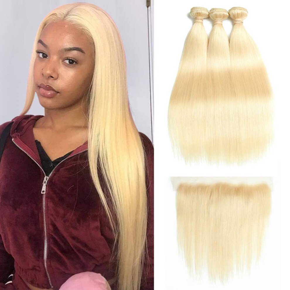 Unisex 613 Blonde Brazilian Virgin Human Hair Bundles With 13X4 Pre Plucked Lace Frontal Straight Extensions