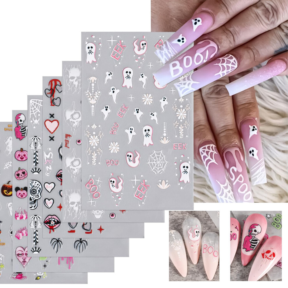 Halloween Nail Stickers 3D SelfAdhesive Spooky Skull Pumpkin Spider Web Nail Art Decals 6pcs