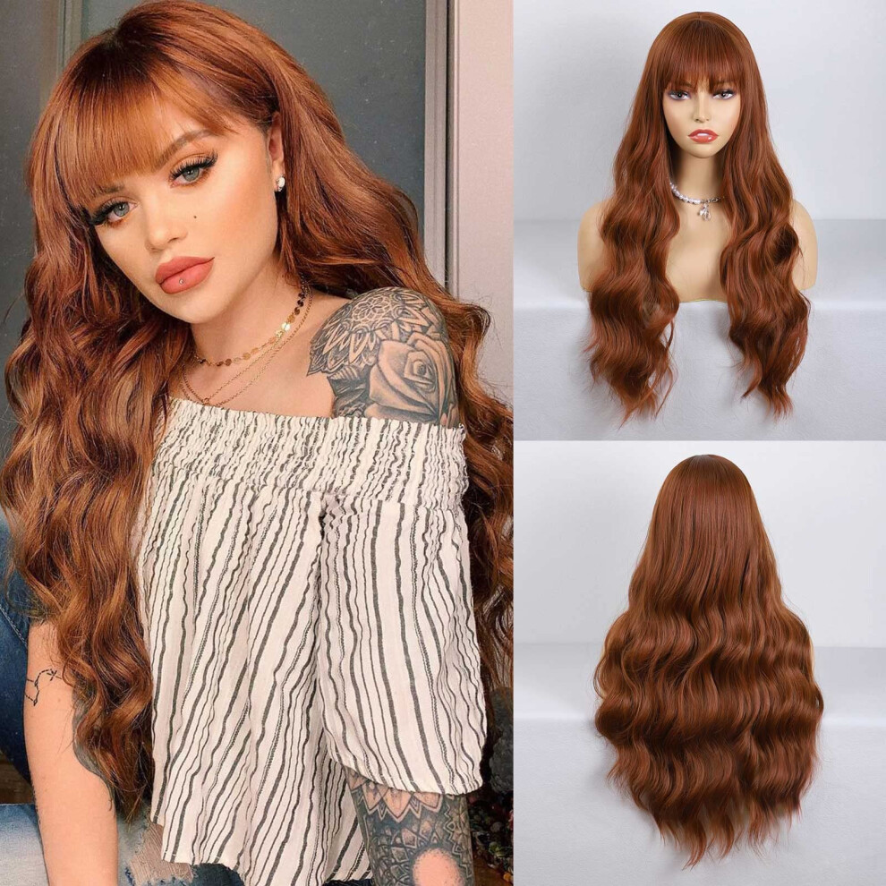 Unisex Red Auburn Wig With Bangs Long Wavy Heat Resistant Synthetic Ginger Hair For Women Cosplay