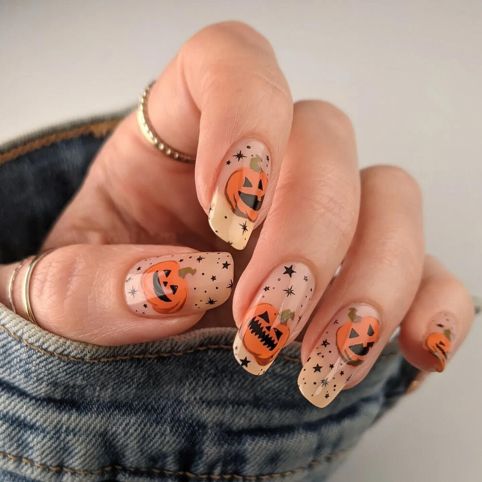 Cream Halloween Pumpkin And Star Press On Nails, Short Square Nude Acrylic, Reusable 24Piece Set