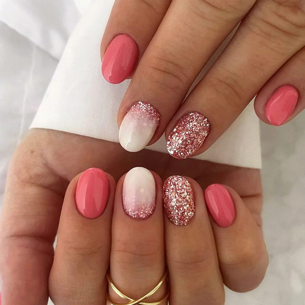 Pink Short Oval Press On Nails With Glitter Reusable Full Cover Fake Nails For Women 24Pcs