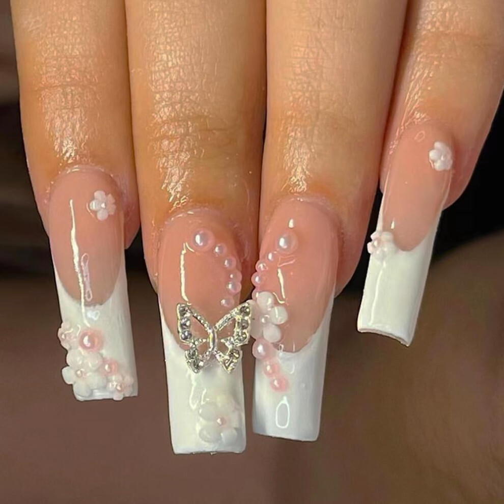 Long Square Press on Nails with 3D Butterfly Pearl Accents White French Tip Fake Nails Set