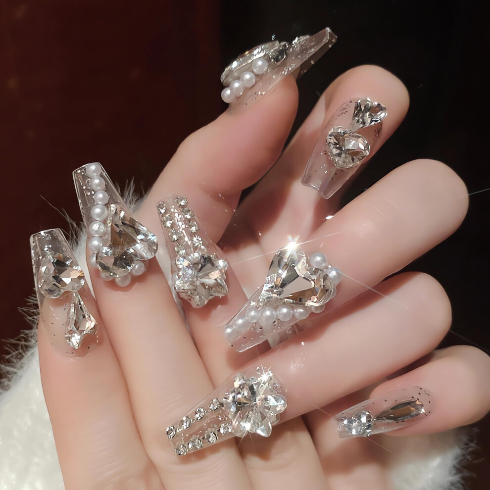 White Long Coffin Press On Nails With Rhinestones Glitter Luxury Ballerina False Nails 24Pcs