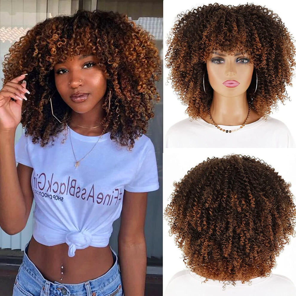 Unisex Black,Brown Afro Wigs For Black Women Short Ombre Brown Curly Wig With Bangs Synthetic Heat Resistant
