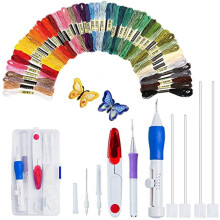 Kit de broderie cu ac de perforat, set de ace de perforat cu stilou magic pentru broderie cu pânză, fire de 50 de culori și instrumente de broderie