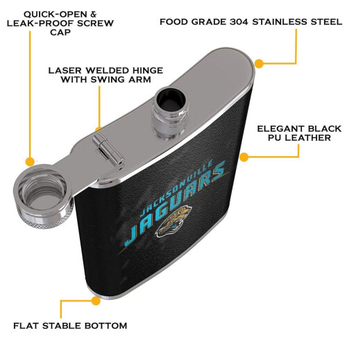 Jaguars Flagon Hip Flask8oz, Ανοξείδωτο ατσάλι και δέρμα κατάλληλο για τρόφιμα, Συμβατό με 2