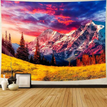 Tapisserie murale psychédélique de forêt au coucher du soleil en montagne - Paysage naturel pour la décoration de la chambre et du salon