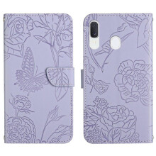 Case for compatible with Samsung Galaxy A20E, Anti-drop Shockproof PU Leather Flip Cover with Wrist Strap, Flowers and Butterflies Design