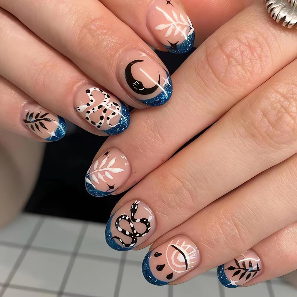 24PCS Short French Tip Press On Nails, Round Acrylic Fake Nails with Snake Moon Leaves Design