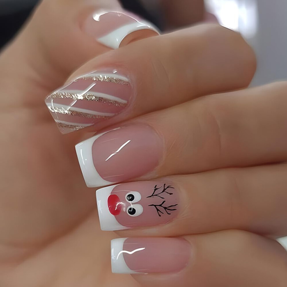 Christmas Press On Nails Square Short Fake Nails with French Deer Pattern and Adhesive for Women