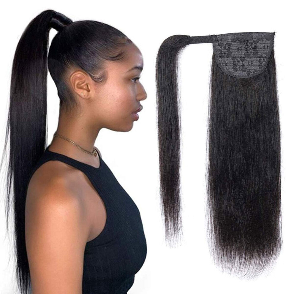 Unisex Black 16 Inch Straight Human Hair Ponytail Extension Natural Wrap Around Remy Hairpiece For Women