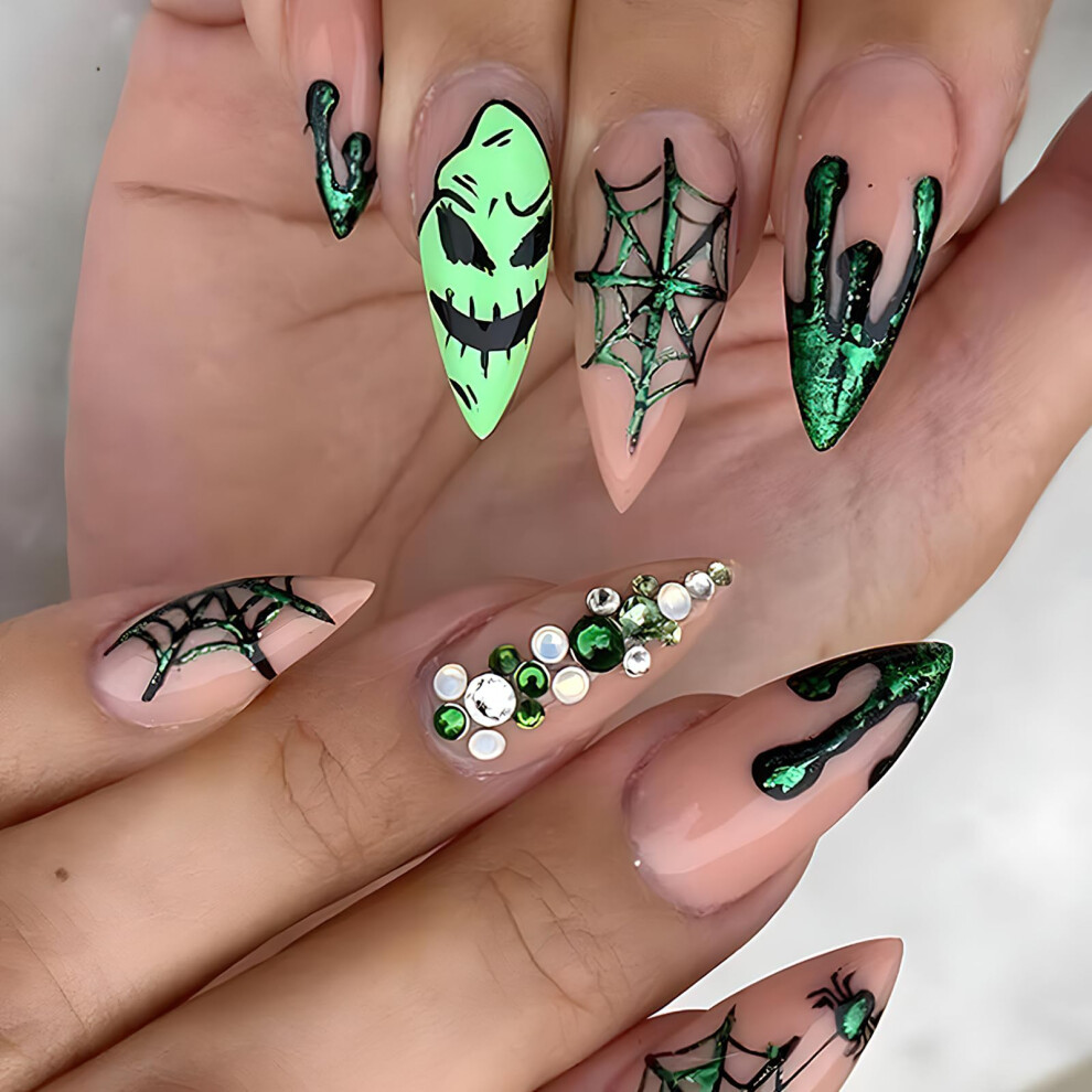 Dark Halloween Press On Nails Medium Almond Glow In The With Web Ghost Design, 24Pcs Fake Nails