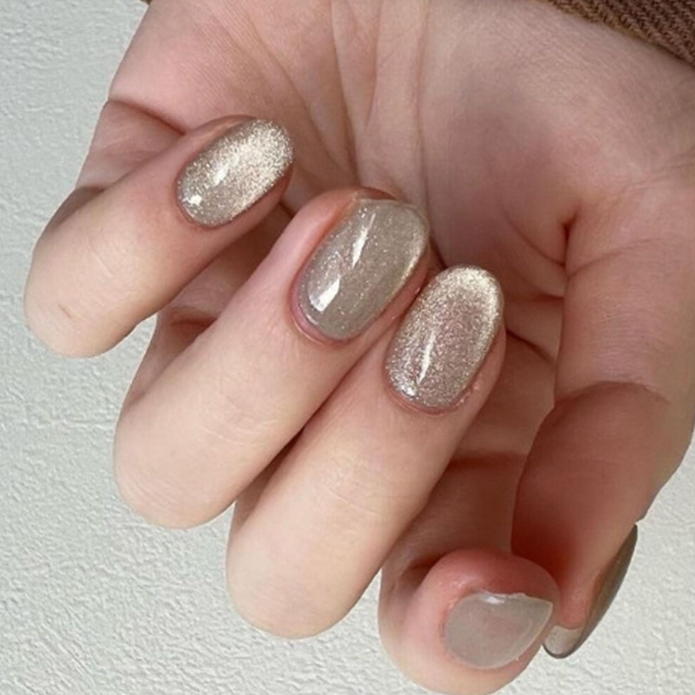 Short Oval Cat Eye Press on Nails Glossy Acrylic Fake Nails for Women 24pcs Reusable Glue Set