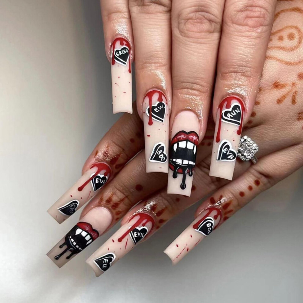 Halloween Press on Nails with Blood Design, Long Fake Nails Square Tips, Reusable Full Cover Acrylic