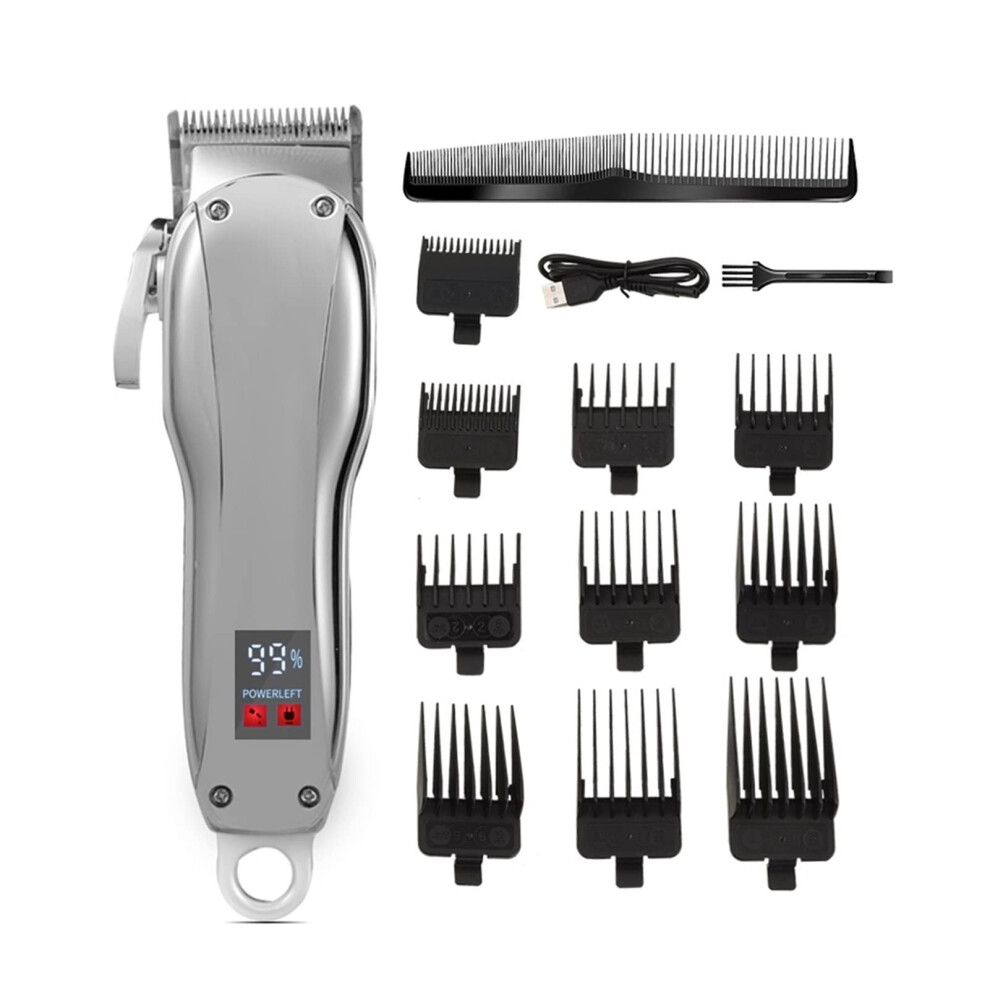 Silver Hair Clipper Cordless Hair Trimmer For Men Usb Rechargeable With 10 Combs And Scissors
