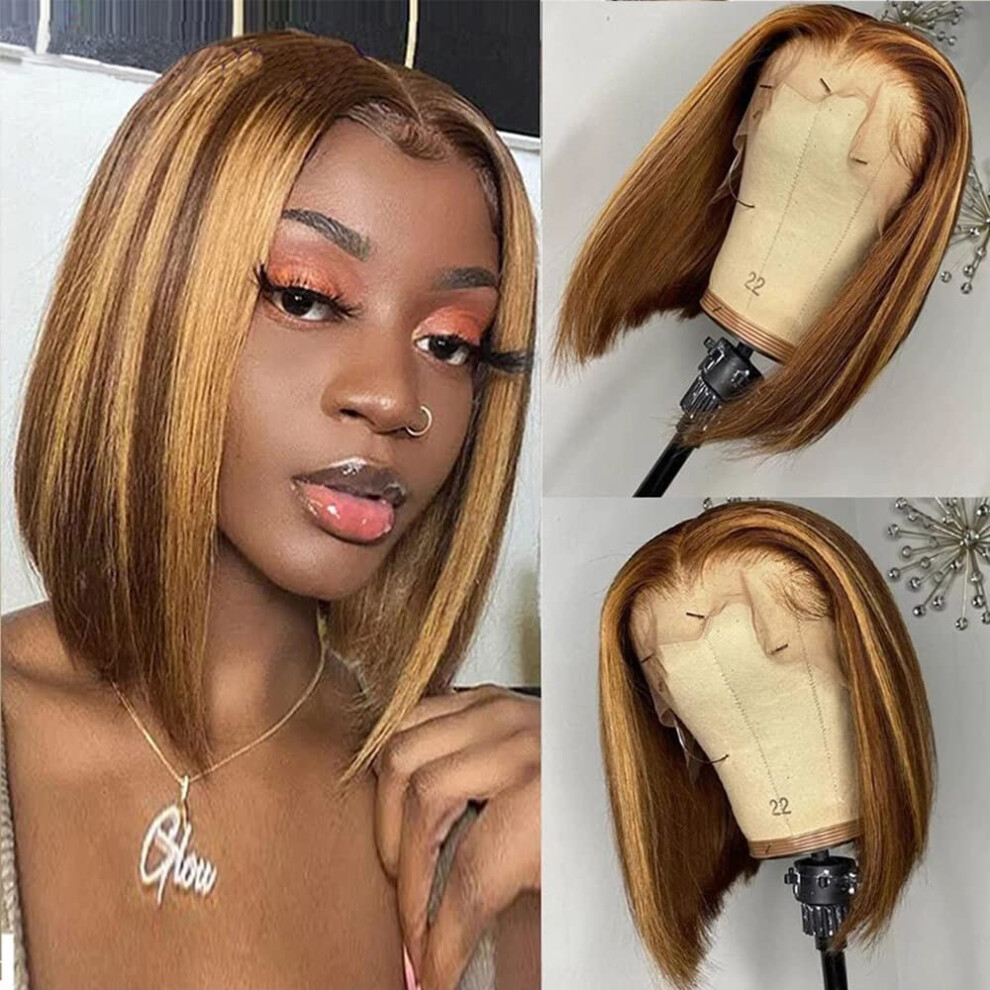 Human Hair Bob Wig 13x4 Blonde Highlight Lace Front Glueless Ombre Style 10 Inch for Black Women