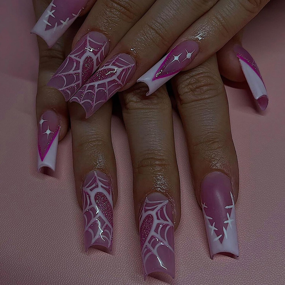 White Halloween Press On Nails Long Coffin Shape With Glossy Spider Web Design, 24Pcs Acrylic False Nails