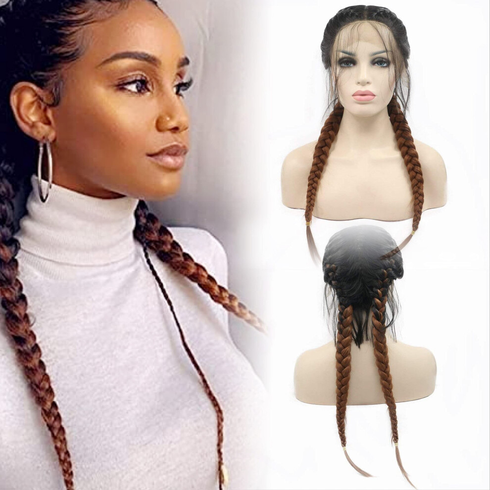 Unisex Brown Ombre Lace Front Braided Wig 24 Inch Synthetic Box Braids With Baby Hair Realistic Hairline