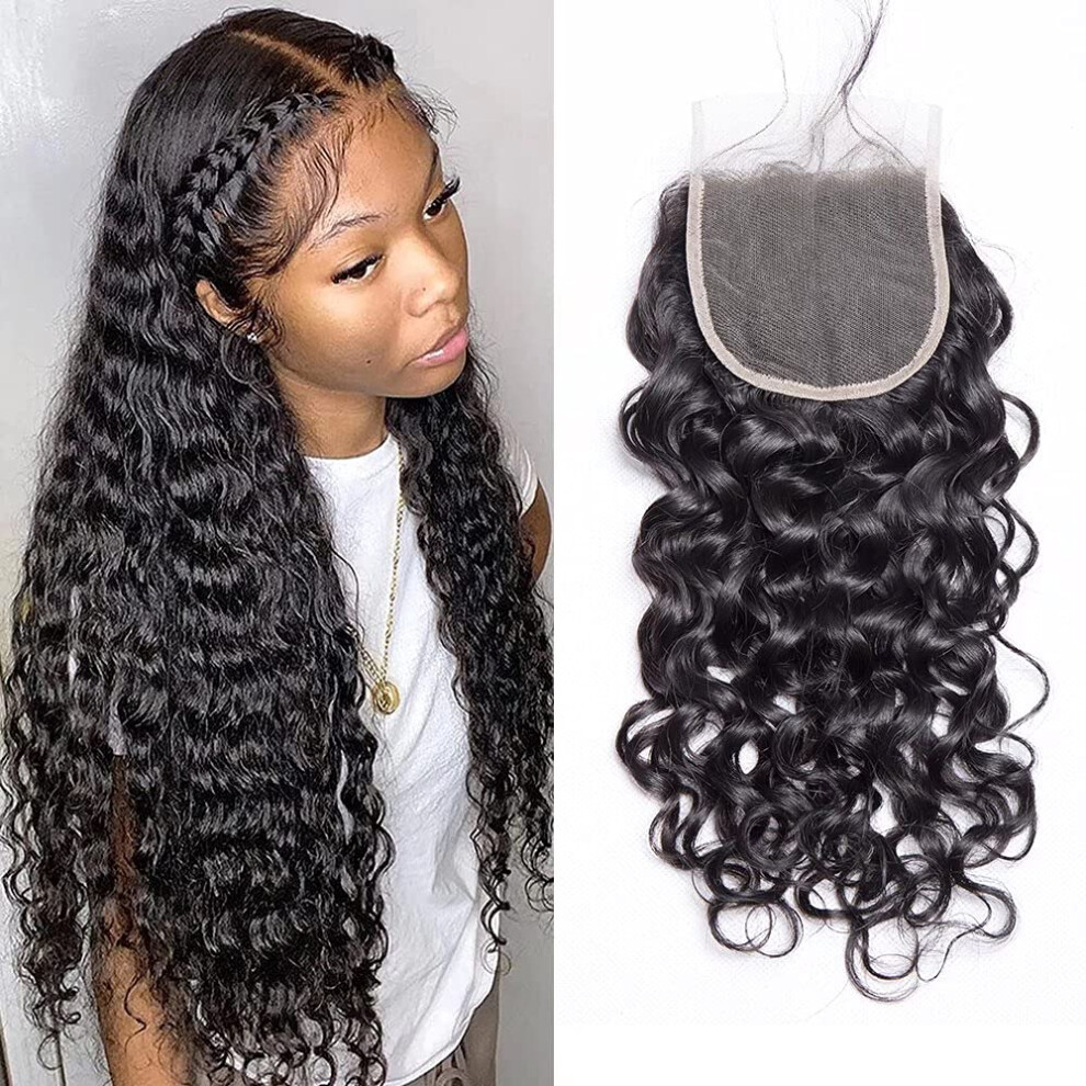 Human Hair Lace Closure 4x4 Brazilian Water Wave 130% Density Virgin Hair 10 Inch Hand Tied