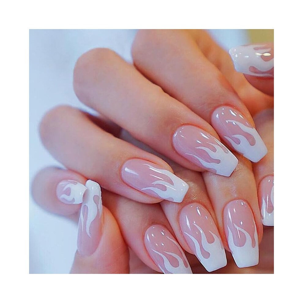 Light Pink Coffin Press On Nails with White Flame Design, 24pcs Reusable Acrylic False Nail Kit
