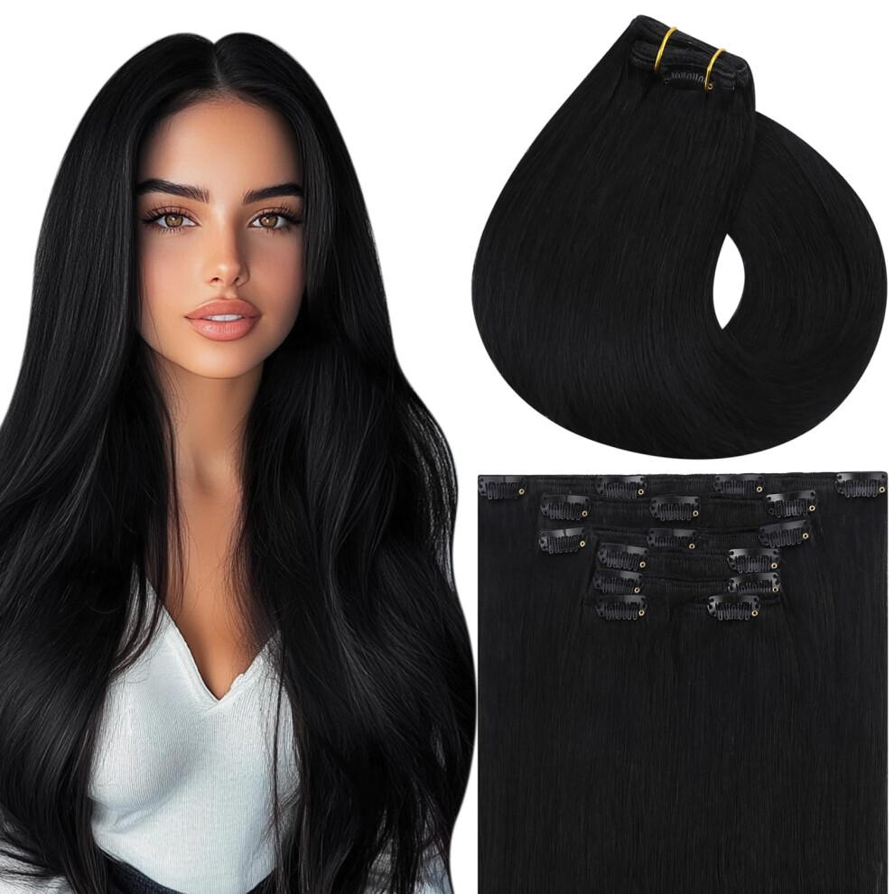 Unisex Black 24 Inch Clip In Hair Extensions Remy Human Hair Double Weft For Instant Length And Volume