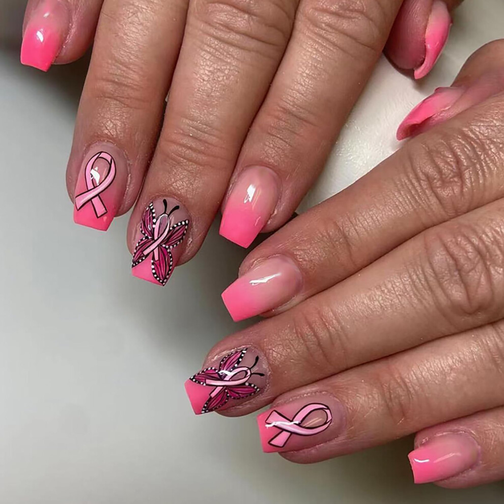 Pink Breast Awareness Press On Nails Short Square Ribbon Fake Nails With Glitter Butterfly Design